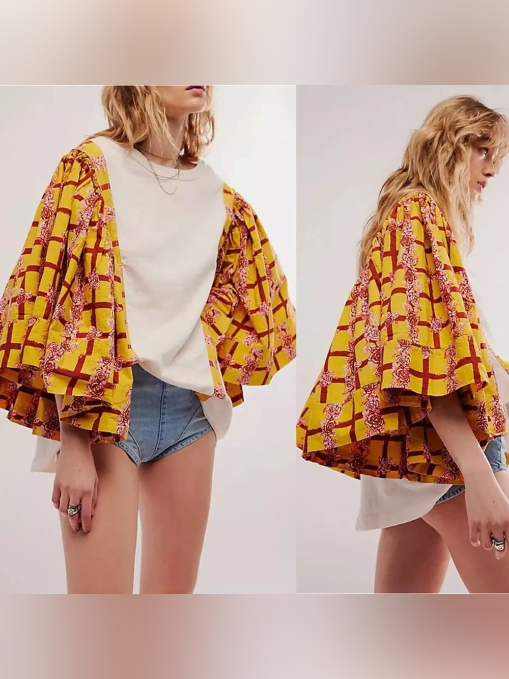 NWOT Free People Folklore Tee Oversized Wide Sleeve Plaid Rose Printed Top S